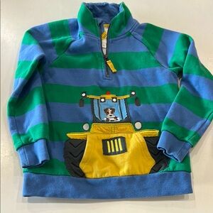 Mini Boden Blue and Green Striped Sweatshirt with Bulldozer Design